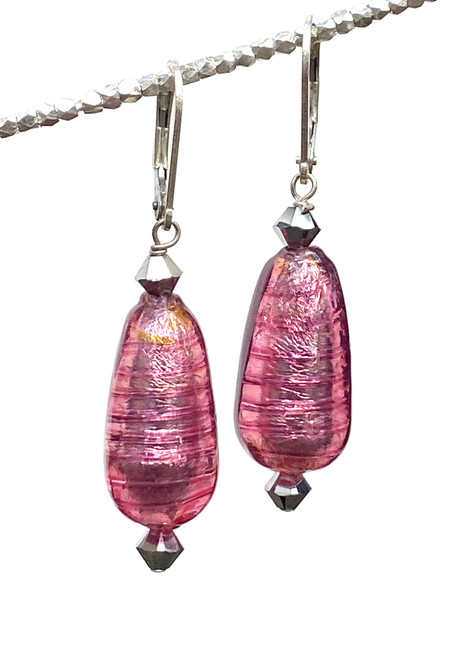 Pink silver foil tear drop Venetian glass earrings