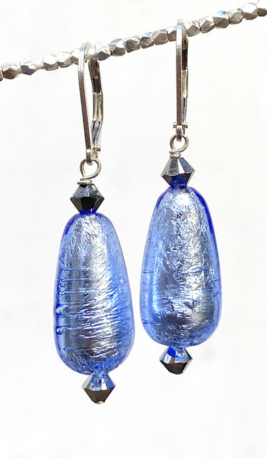 Baby blue silver foil tear drop Venetian glass earrings
