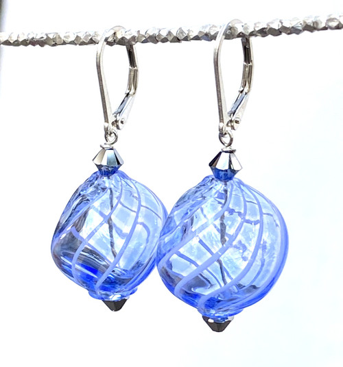 LIght blue and thin white striped Murano glass "sasso" earrings
