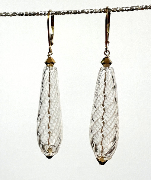 White, gold and clear striped goccia shaped Murano glass earrings
