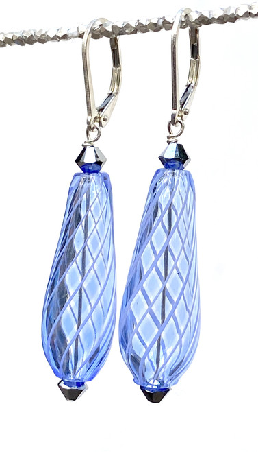 Light blue and thin white striped Murano glass goccia earrings