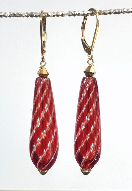 Deep red and thin white striped Murano glass goccia earrings