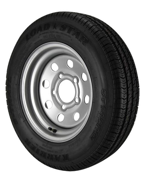 ST145/R12 Loadstar Trailer Tire LRE on 5 Bolt Silver Mod HD Wheel