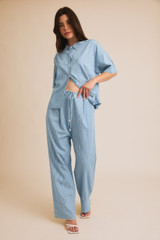 DRAW STRING WAIST STRIPE CHAMBRAY PANTS