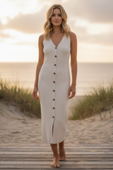 BUTTON DOWN RIBBED KNITTED LONG DRESS