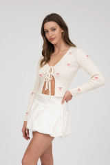 BOW EMBROIDERY FRONT TIE KNIT CARDIGAN