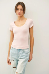 DOUBLE LINED SCOOP NECK CAP SLEEVE BASIC TOP