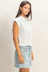 STRIPED CAP SLEEVE BUTTON UP SHIRT