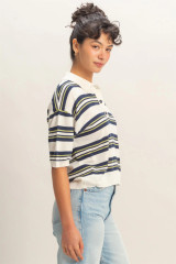 STRIPED SHORT SLEEVE POLO KNIT TOP