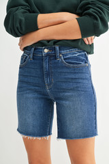 HIGH RISE SCISSOR CUT LONGER LENGTH DENIM SHORT