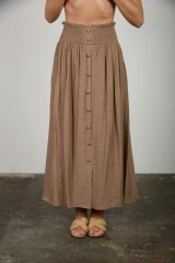SMOCKED WAIST RUFFLE DETAIL BUTTON MIDI SKIRT