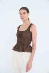RUFFLED FRONT TIE SHIRRED WAIST TANK TOP