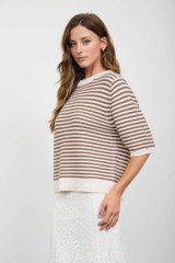 TEXTURED STRIPE CREW NECK HALF SLEEVE SWEATER