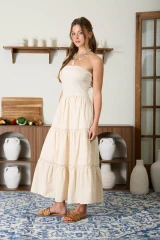 STRAPLESS MIXED MEDIA LINE LACE MIDI DRESS