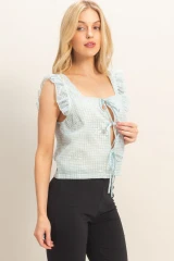 EMBROIDERED GINGHAM TIE FRONT TOP