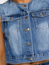 BUTTON UP FRONT POCKETS WASHED DENIM VEST