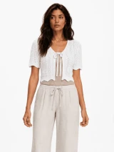 SHORT SLEEVE FRONT TIE CROCHET RIBBED TOP