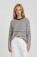 CONTRAST CREW NECK LONG SLEEVE STRIPE TOP