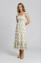 FLORAL BORDER HEM TRIM SMOCKED MIDI DRESS