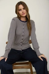 STRIPE ROUND NECK RIBBED HEM CARDIGAN
