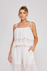 TEXTURED WOVEN TIE STRAP RUFFLE LAYER TOP