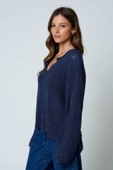 RAW EDGE SPLIT NECK SHEER SWEATER