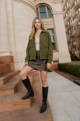COLLARED TAB SHOULDER DETAIL SUEDE BOMBER JACKET