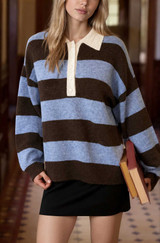 HEATHERED STRIPE POLO COLLAR SWEATER