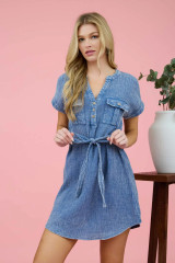 WASHED HALF BUTTON WAIST TIE MINI DRESS WASHED HALF BUTTON WAIST TIE MINI DRESS