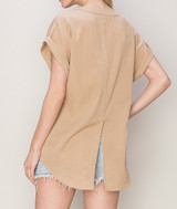 WOVEN V-NECK SPLIT BACK TOP