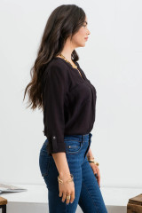 SPLIT NECK BACK BUTTON 3/4 TAB SLEEVE TOP