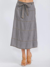 ELASTIC WAIST TIERED SELF TIE MIDI SKIRT