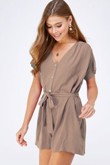SOLID SHORT SLEEVE BUTTON DOWN ROMPER