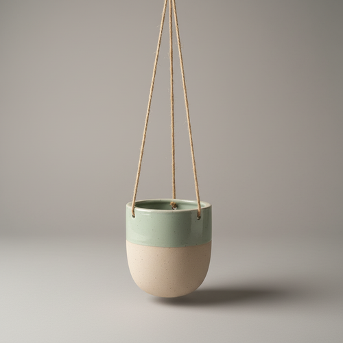 BOHO SAGE GREEN & SAND GLAZED CERAMIC HANGING PLANTER - SMALL INDOOR POT