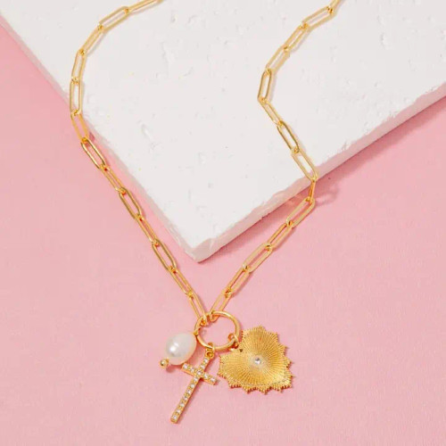 GOLD DIPPED CZ PAVE CROSS PEARL AND HEART CHARMS CHAIN NECKLACE