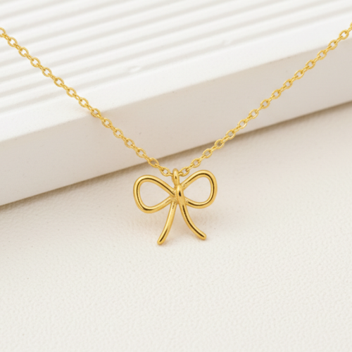 GOLD DIPPED WIRE RIBBON BOW PENDANT NECKLACE