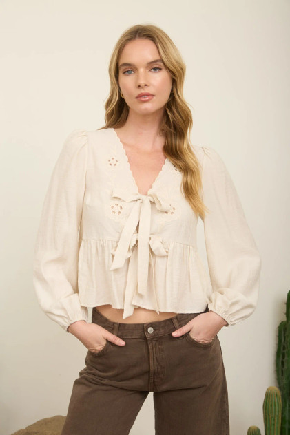 FLORAL EYELET EMBROIDERY FRONT TIE TOP