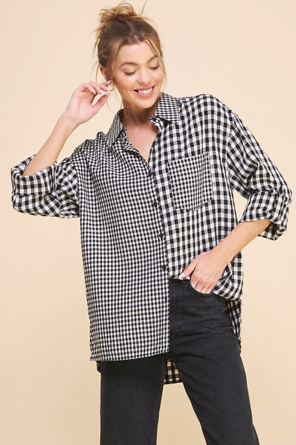 MIXED COTTON LINEN BLEND BUTTON FRONT SHIRT
