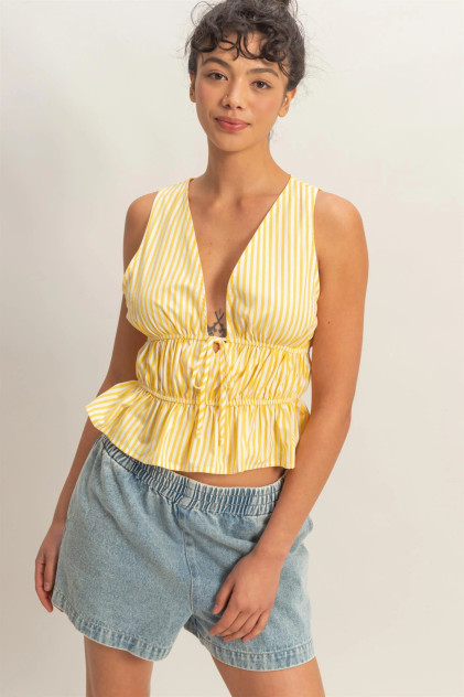 STRIPED TIE FRONT PEPLUM SLEEVELESS TOP