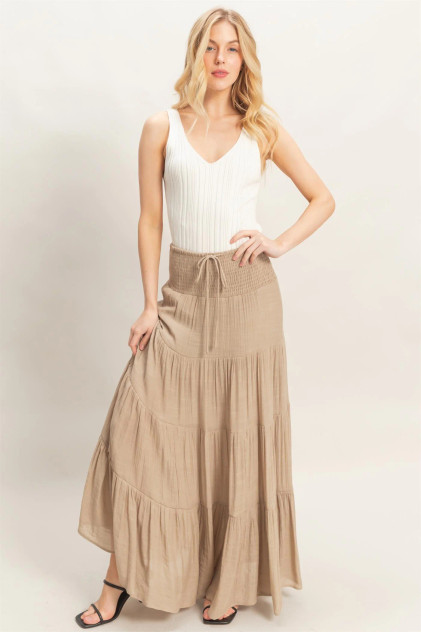 HIGH WAIST DRAWSTRING TIERED MAXI SKIRT