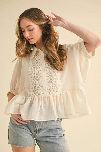 LACE TRIMMED BUTTON BLOUSE