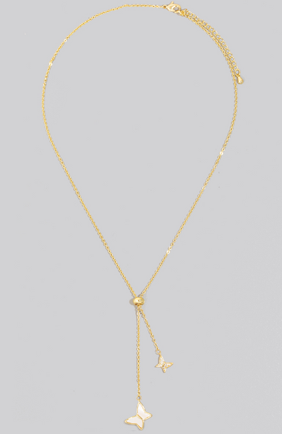 GOLD DIPPED CZ AND SHELL BUTTERFLY CHARMS CHAIN NECKLACE