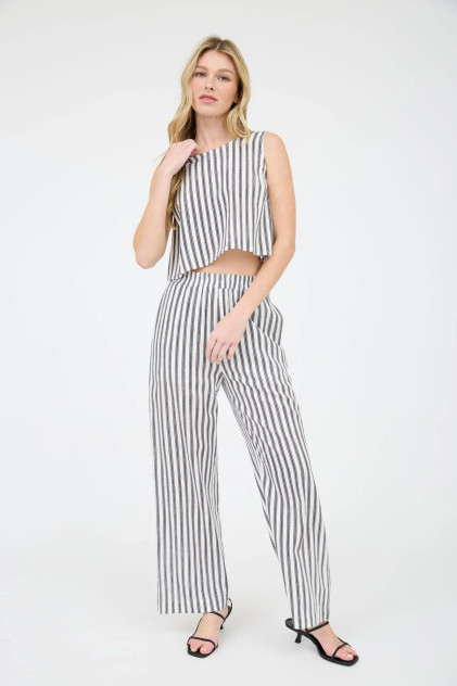 STRIPE LINEN WIDE LEG PANTS