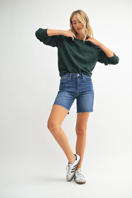 HIGH RISE SCISSOR CUT LONGER LENGTH DENIM SHORT