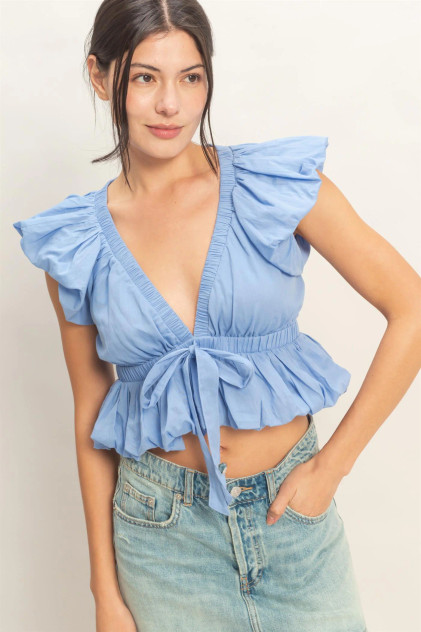 RUCHED V-NECK PUFF SLEEVE TOP