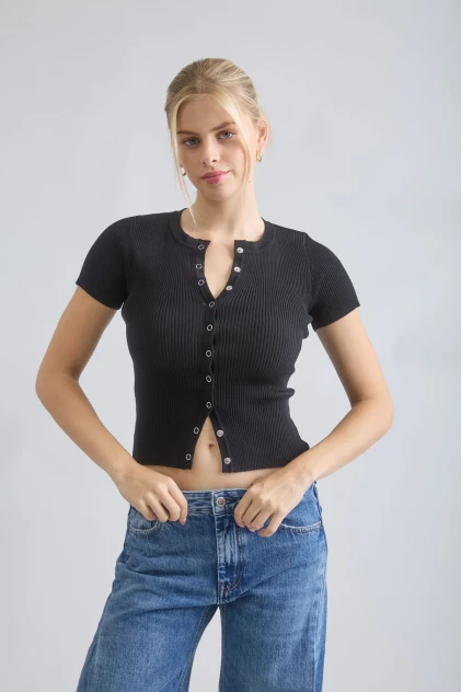 SNAP BUTTON SHORT SLEEVE KNIT CARDIGAN