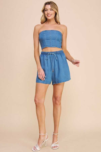 WASHED DENIM HIGH WAISTED TIE SHORTS