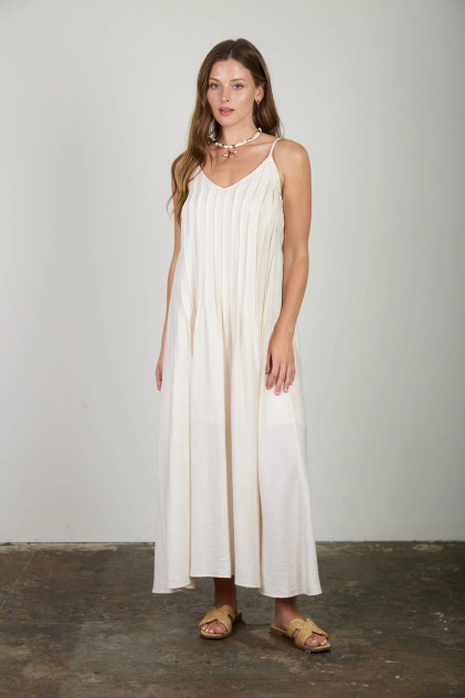 PLEATED PINTUCK SPAGHETTI STRAP MAXI DRESS