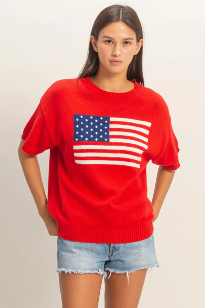 AMERICAN FLAG SHORT SLEEVE KNIT TOP