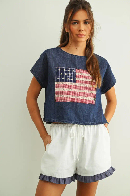 MIXED FABRIC FLAG PATCHED DOLMAN SLEEVE TOP